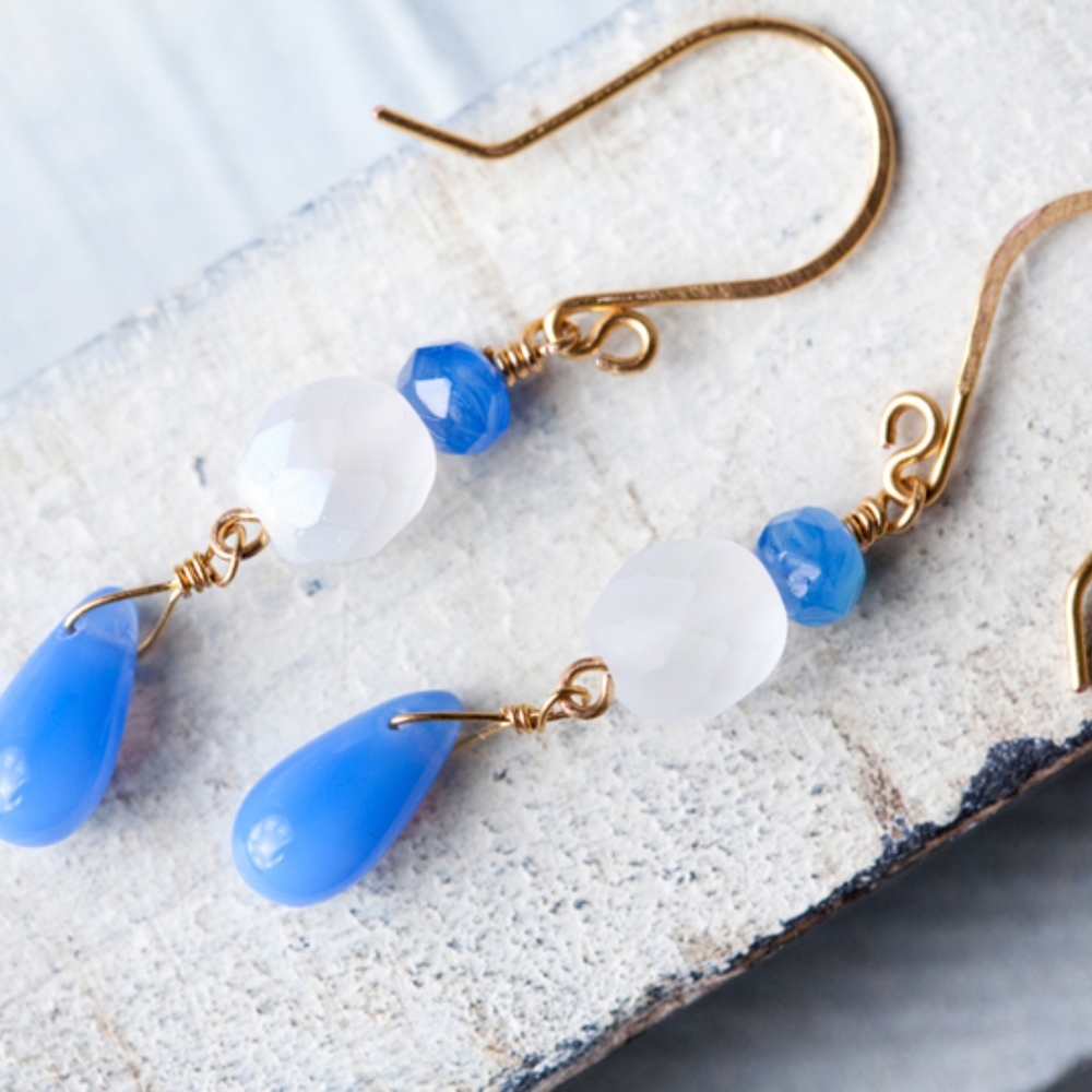 Blue Teardrop Gold with White Handmade Earrings